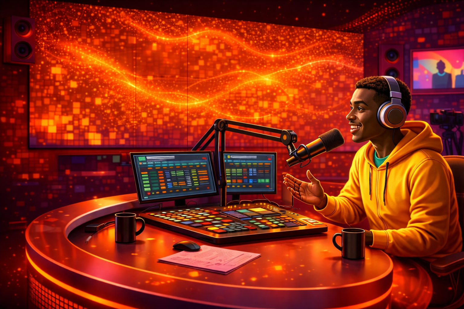 Jovem apresentador em estúdio de rádio